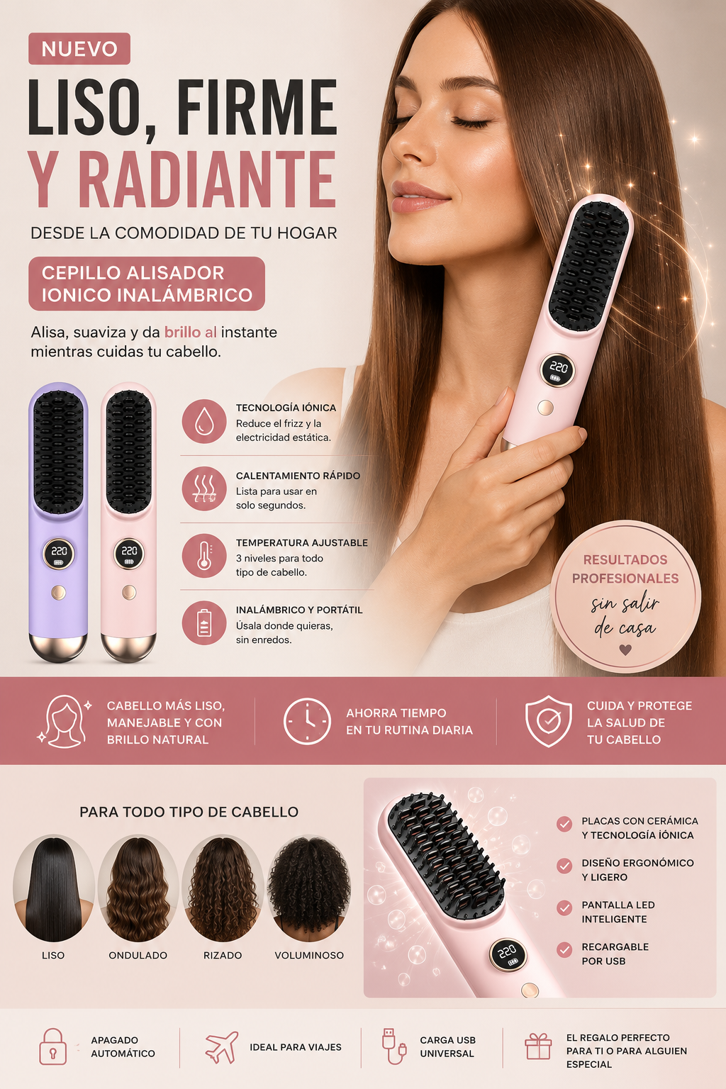 Cepillo Alisador Cabello Inalámbrico