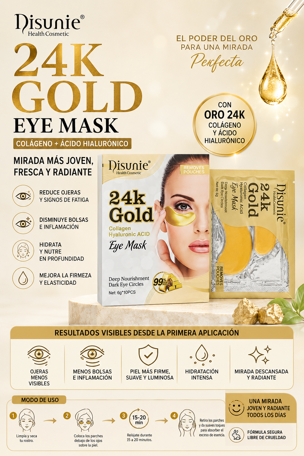 Parches Hidratantes para Ojos con Oro 24K, Colágeno y Ácido Hialurónico